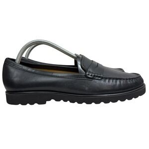 Wirth 1946 Womens Black Leather Penny Loafers Lug Sole Slip On Arch Support 7.5